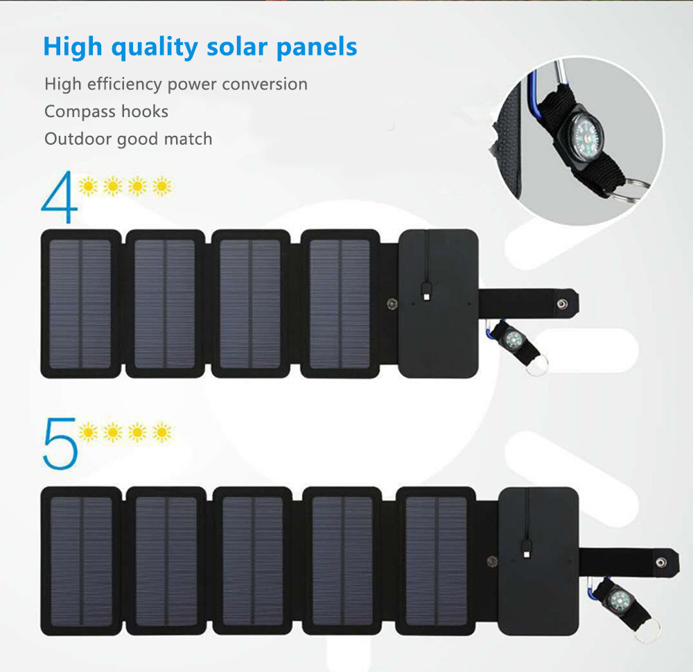 Outdoor Solar Charging Panel Removable Folding Mobile Phone Charger - Black 5pcs